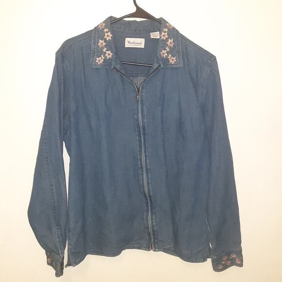Westbound Denim Shacket Shirt Womens L Blue Western Workwear Full Zip Floral - Picture 1 of 9